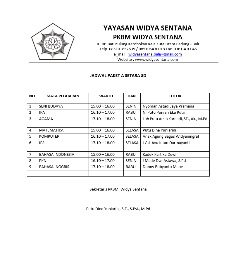 JADWAL PAKET A (SETARA SD) - TRIWULAN II SEMESTER I TAHUN PELAJARAN 2020-2021