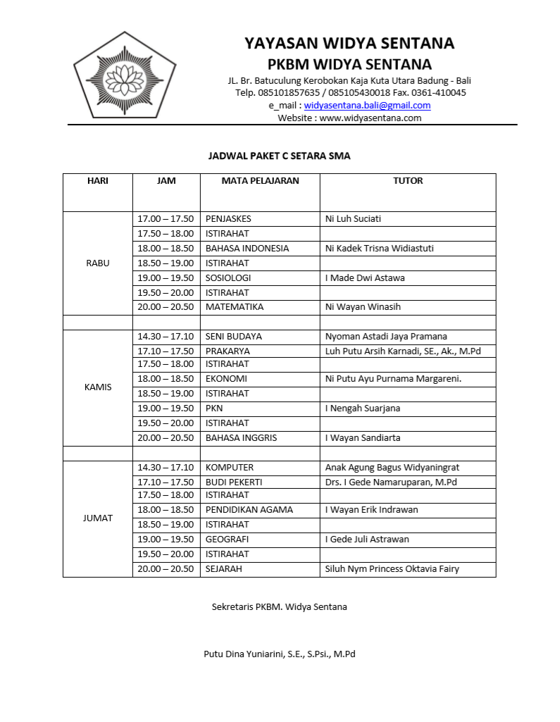 JADWAL PAKET C (SETARA SMA) - TRIWULAN II SEMESTER I TAHUN PELAJARAN 2019-2020