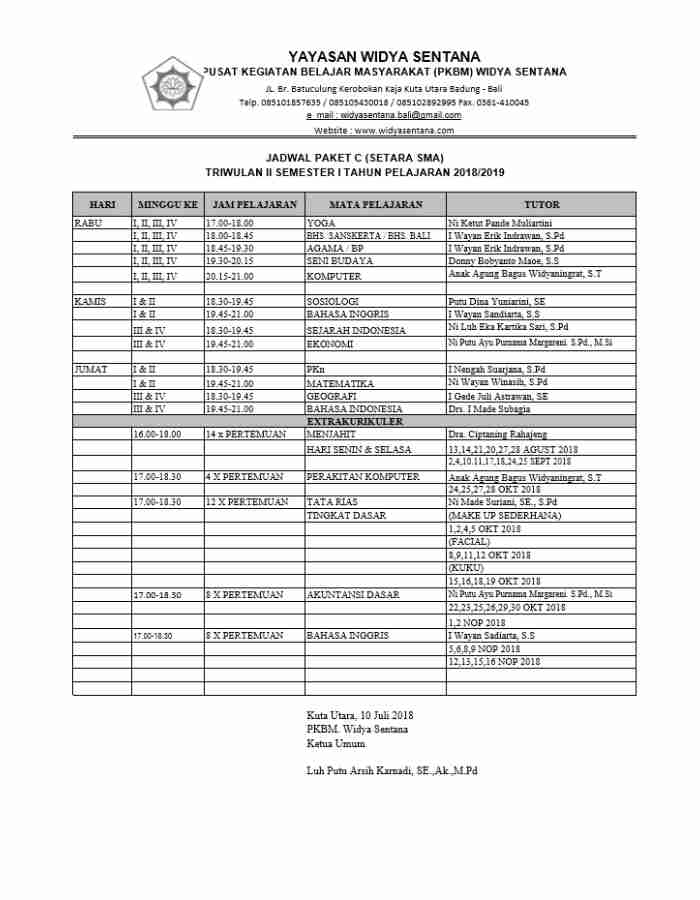 JADWAL PAKET C (SETARA SMA) - TRIWULAN II SEMESTER I TAHUN PELAJARAN 2018-2019